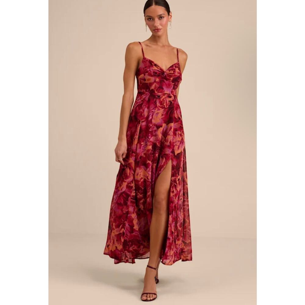 Lulus Beautiful Soul Burgundy Floral Print Twist-Front Maxi Dress S - Picture 2 of 10
